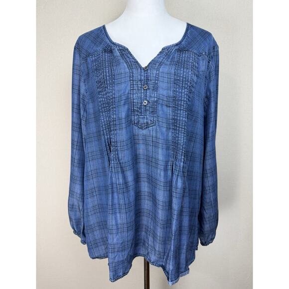 Style & Co. Pintucked Popover Tunic Shirt Women Size 2X Blue Plaid Peasant - Picture 1 of 13